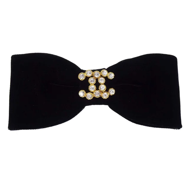 Chanel CC Bow Hair Barrette Black Velvet Rhinestone Hair Accessories 31 in Black Velvet from AMORE Vintage Tokyo