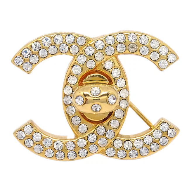 Chanel CC Turnlock Rhinestone Charm Brooch Pin Gold 96A in Gold from AMORE Vintage Tokyo