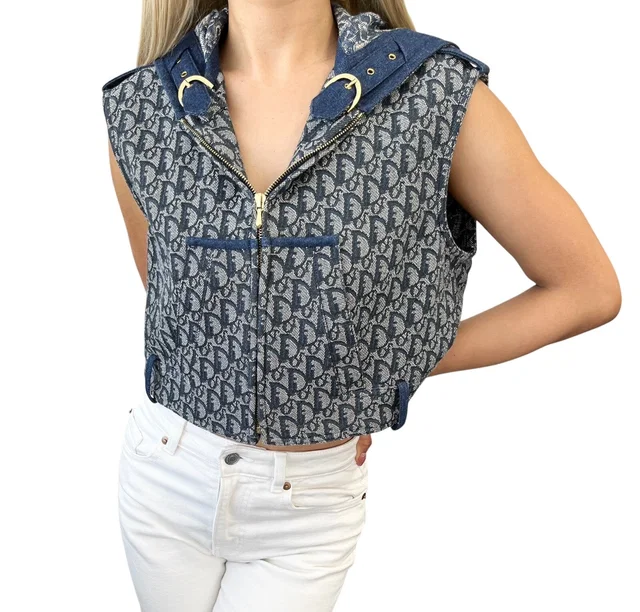 Dior Vintage 2000 Trotter Monogram Denim Vest #42 Hoodie Jacket in Denim from Luxury Promise