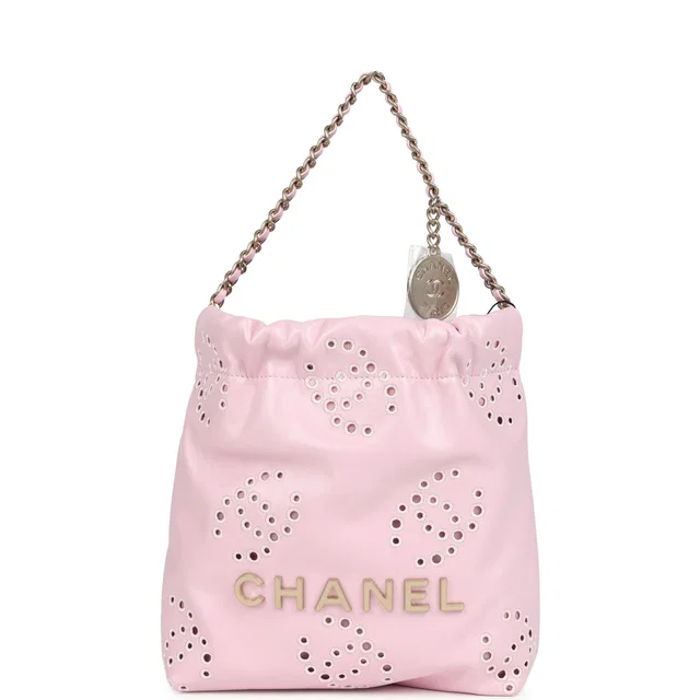 Chanel Mini 22 Bag Pink Shiny Calfskin Brushed Gold Hardware in Pink Calfskin from Madison Avenue Couture