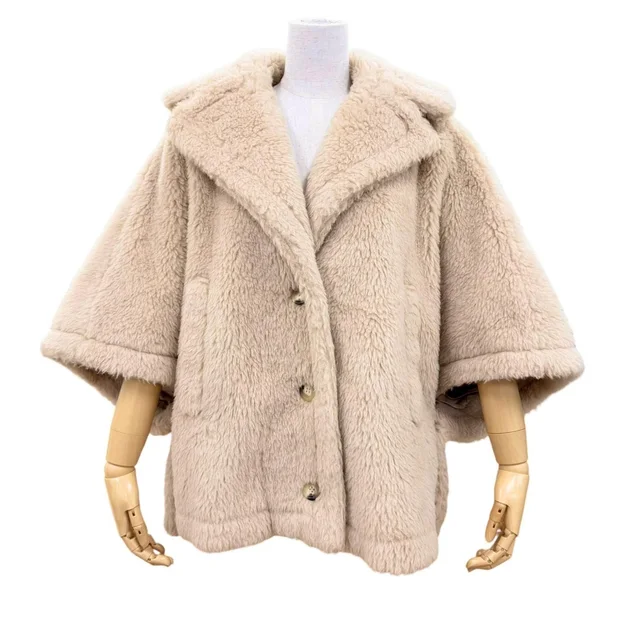 Max Mara Teddy Bear Alpaca Silk Blend Cape Poncho Coat Beige in Beige Silk from The Reluxe