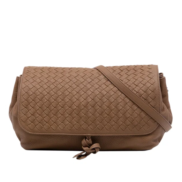 Brown Bottega Veneta Leather Intrecciato Flap Crossbody in Brown Woven leather from Designer Revival