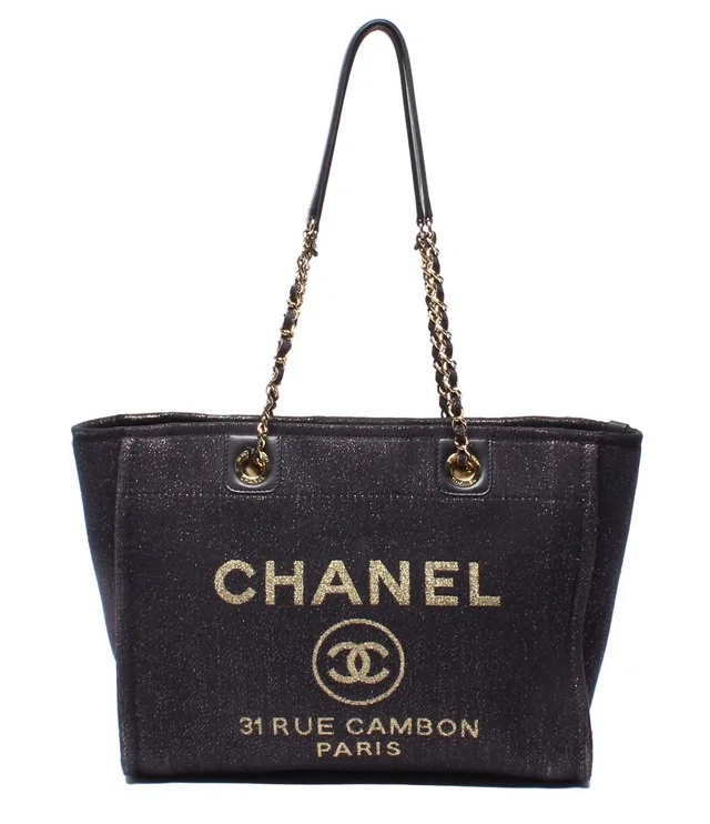 Chanel Tote Bag Shoulder Gold Mixed Fiber Deauville MM in Gold from The Reluxe