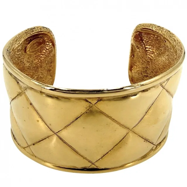 Chanel Bangle Bracelet CC Logo Vintage Quilted Gold Plated in Gold Tweed from The Reluxe