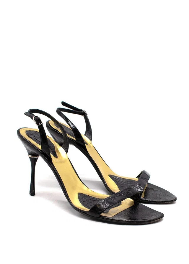Bottega Veneta Black Croc Embossed Ankle Strap Sandals in Black Crocodile from HEWI