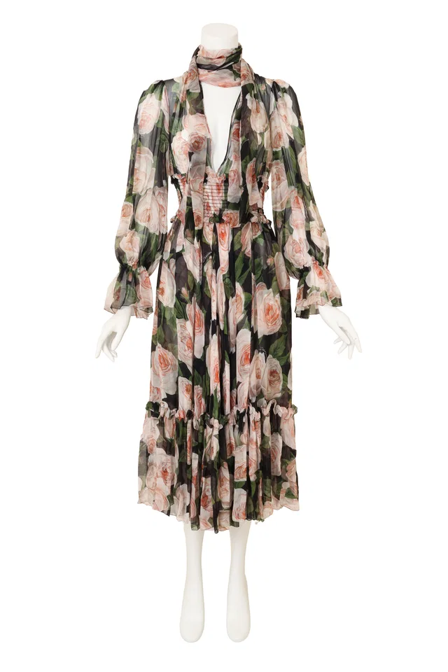 Dolce & Gabbana Rose Print Silk Chiffon Scarf Dress in Pink Silk from Recess LA