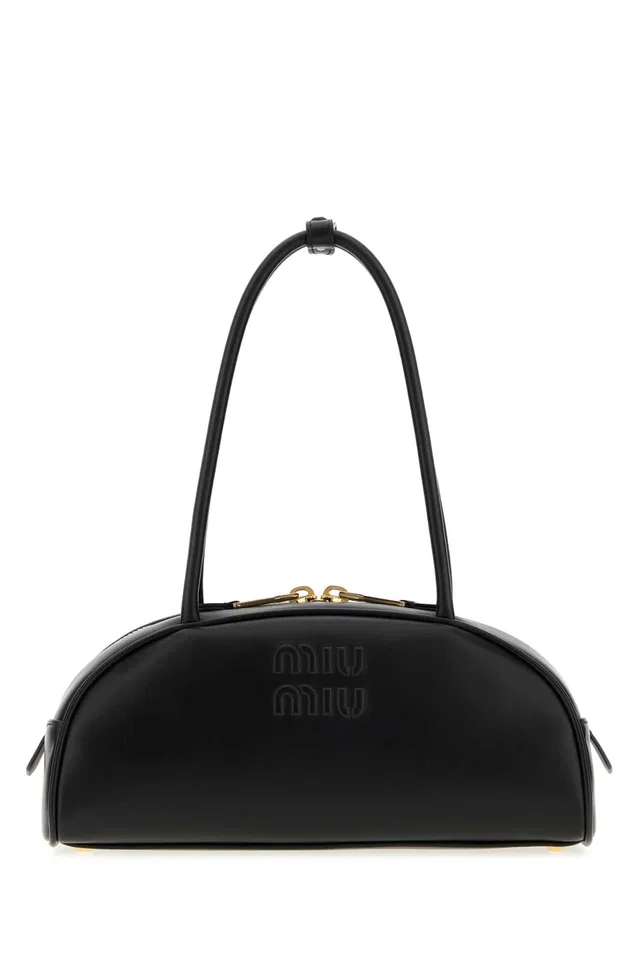 Miu Miu Embossed Logo Leather Shoulder Bag — Black in Black Leather from HEWI