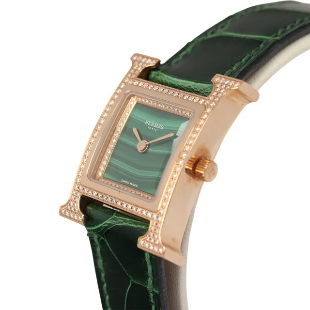 Hermès Heure H Watch S Vert Shiny Alligator, Malachite, Diamonds, Rose Gold in Green Crocodile from Madison Avenue Couture, photo 3 of 10