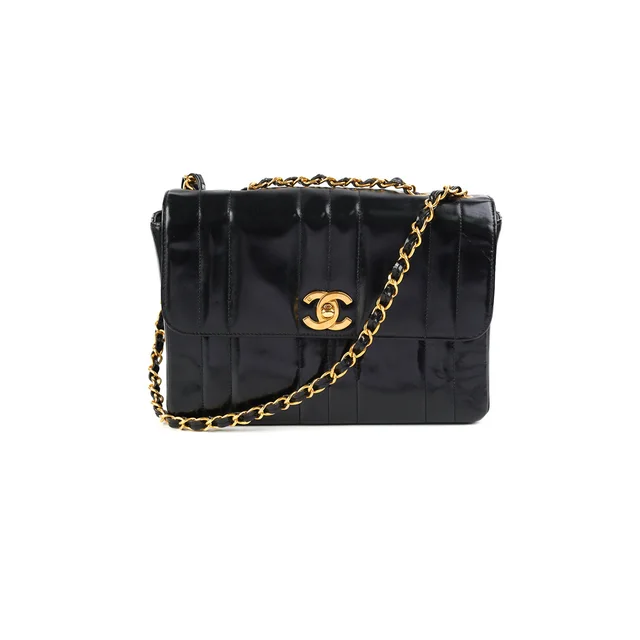 Chanel Vintage Vertical Half Flap Black Shiny Leather in Black Leather from The Purse Affair