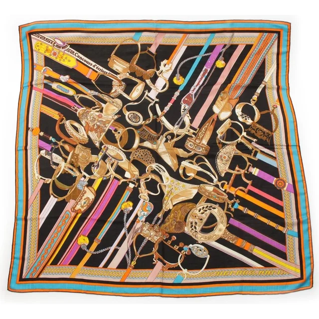 Hermès Carre Geant Cashmere Silk Concours D'etriers Shawl Black Scarf in Black Silk from The Reluxe