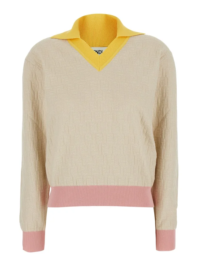 FENDI Beige Long-Sleeved Sweater with V-Neck and All-Over FF Motif in Cotton Women in Beige 100% Cotton, photo 2 of 6 from Gaudenzi Boutique