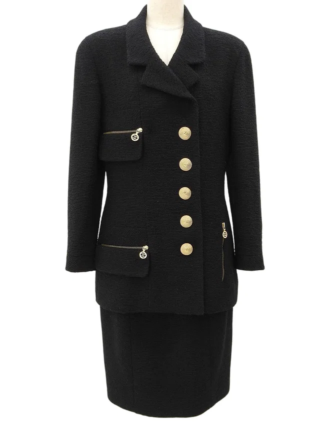 Chanel Spiral CC Mark Button Setup in Black in Black Wool from VINTAGE QOO TOKYO