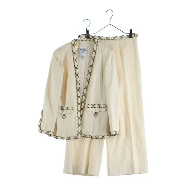 Chanel Chain Decoration Silk Jacket Trousers Long Pants Set Suit Ivory in White Silk from The Reluxe
