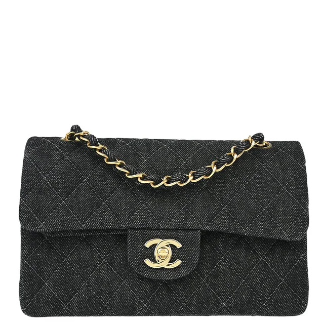 Chanel 1997-1999 Black Denim Small Classic Double Flap Shoulder Bag in Black Denim from AMORE Vintage Tokyo