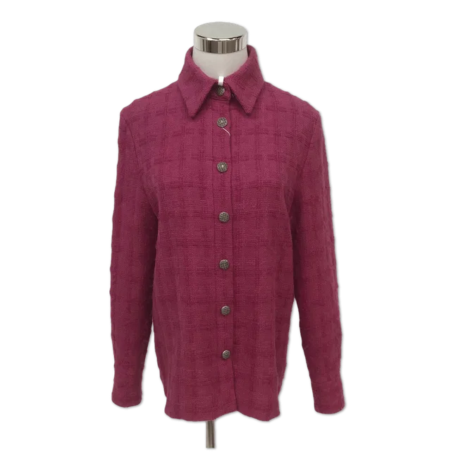 Chanel Magenta Grid-Textured Button-Up Shirt Jacket size 36 from Luxury Promise