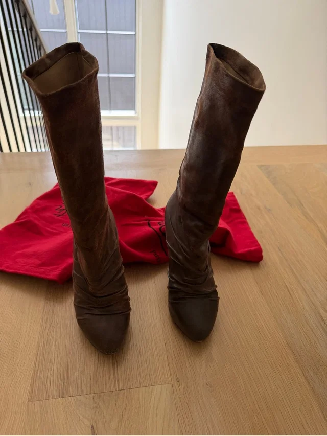 Christian Louboutin Brown Suede Knee-High Heeled Boots in brown|red Suede from Poshmark