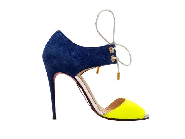 Navy & Neon Yellow Christian Louboutin Color Block Suede Heels Size 37 in Navy Suede from Designer Revival