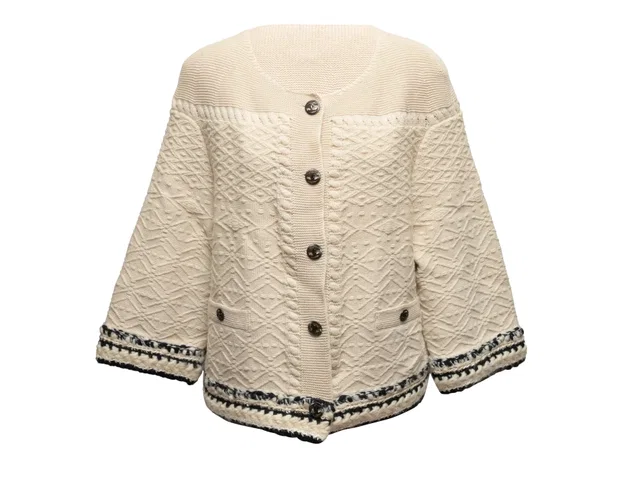 Cream & Navy Chanel Textured Cashmere Cardigan Size FR 46 in White Cashmere from Designer Revival