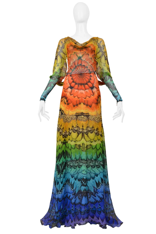 Alexander McQueen La Dame Bleue Collection Rainbow Butterfly Gown 2008 in Silk from Resurrection Vintage