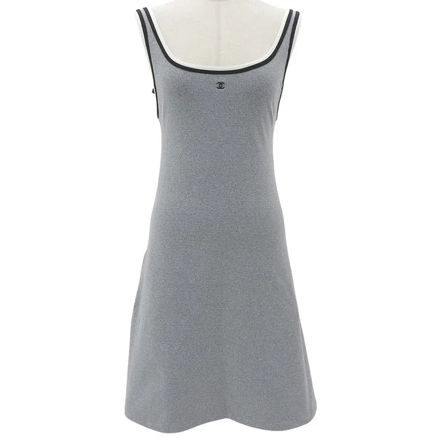 Chanel 1998 Trim Design CC Mark Embroidered Sleeveless Dress #36 Gray in Grey Nylon from VINTAGE QOO TOKYO