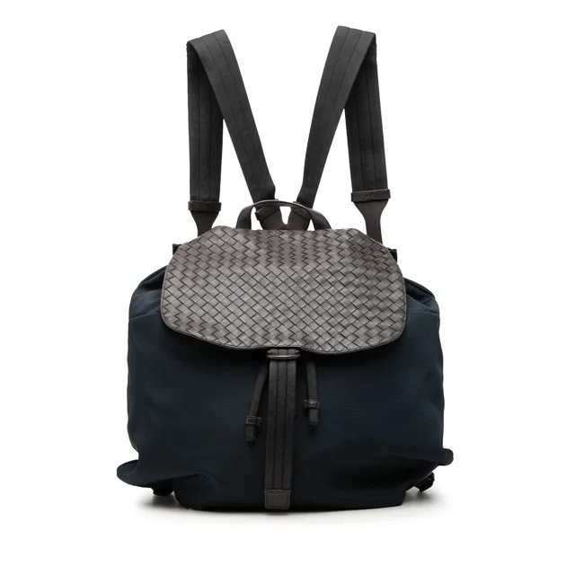 Blue Bottega Veneta Canvas and Nappa Intrecciato Flap Backpack in Blue Nappa leather from Designer Revival