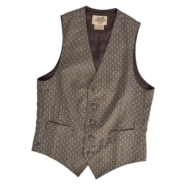 Hermès Vintage Vest Gilet All Over Print Top Silk Khaki Green 46 in Green Silk from The Reluxe