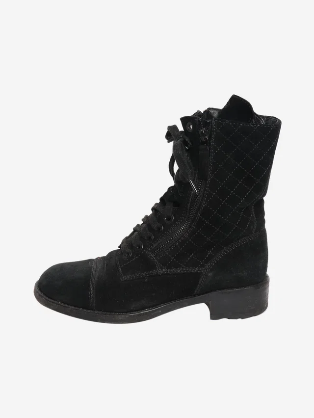 Chanel Black suede quilted combat boots - size EU 38.5 (UK 5. ) in Black Suede from Sign of the Times