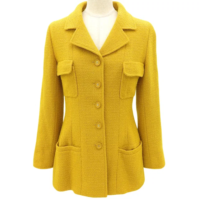 Chanel 1995 Logo Button Jacket #36 Mustard in Yellow Nylon from VINTAGE QOO TOKYO