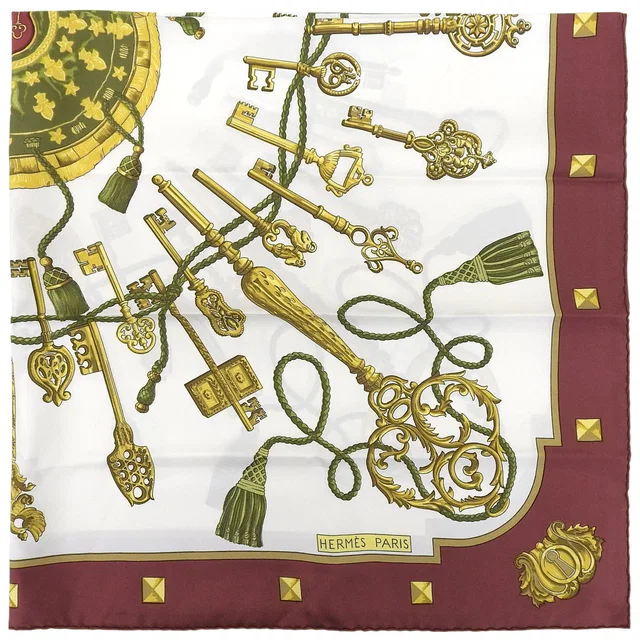 Hermès Carre 90 Les Cles Scarf Bordeaux/White in White Silk from VINTAGE QOO TOKYO