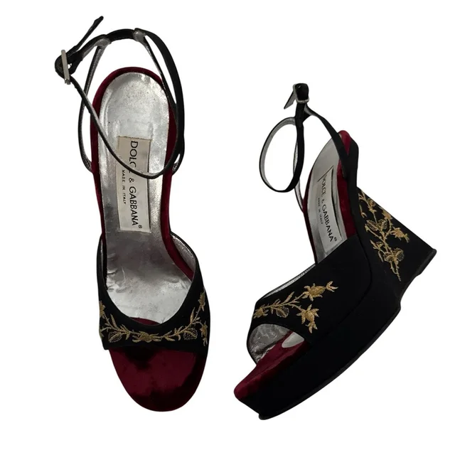 Dolce & Gabbana Runway S/ 1998 Silk And Velvet Embroidered Wedges It 36 in gold|red Velvet from Poshmark