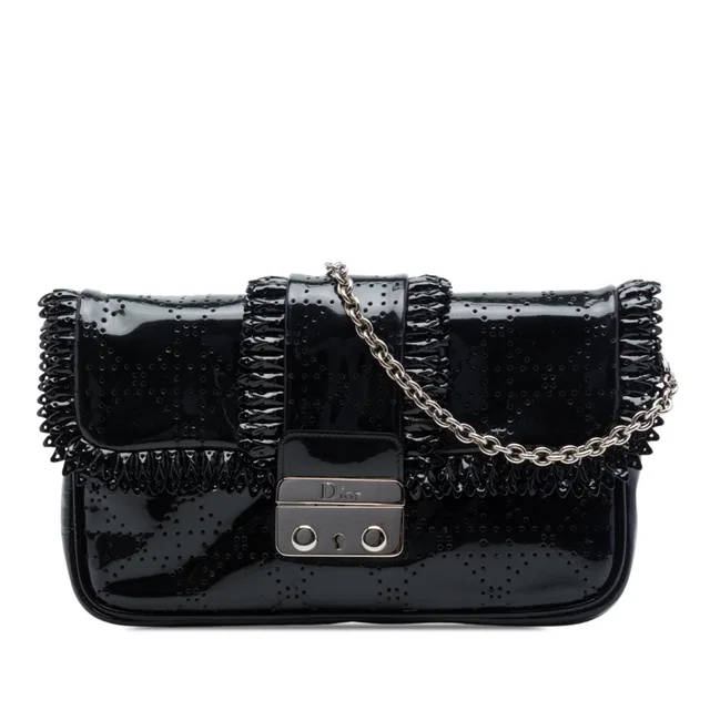 Black Dior Perforated Patent Cannage New Lock Ruffle Pouch Crossbody in Black Patent leather from Designer Revival