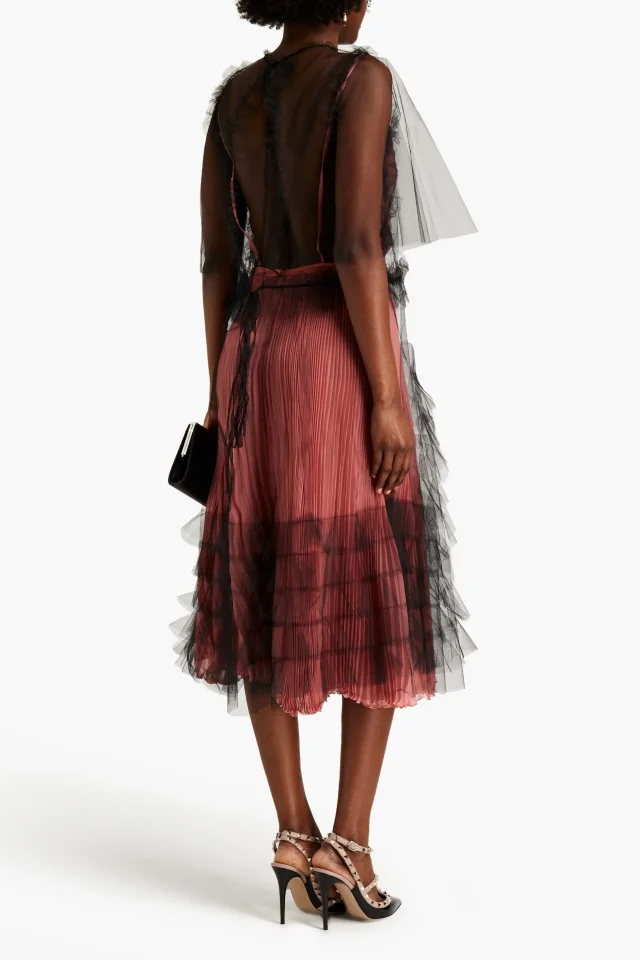 Valentino Garavani Ruffled Tulle and Plissé-Chiffon Midi Dress in Black, photo 3 of 4 from THE OUTNET