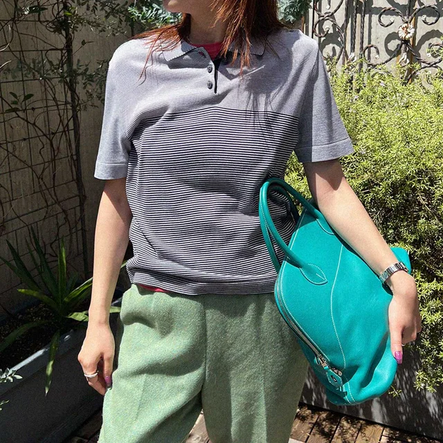 Chanel Border CC Mark Button Short Sleeve Polo Shirt #42 White/Navy in White from VINTAGE QOO TOKYO
