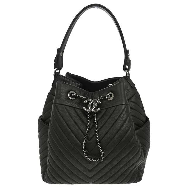 Chanel 2017 Black Deerskin Urban Spirit Chevron Drawstring Bucket Tote Handbag in Black from AMORE Vintage Tokyo