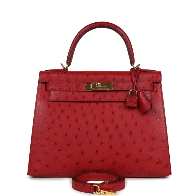 Hermès Kelly Sellier 28 Rouge Vif Ostrich Gold Hardware in Red Ostrich from Madison Avenue Couture