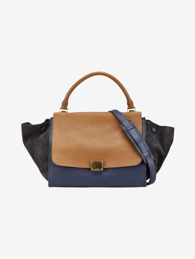 Celine Navy blue and tan Trapeze leather and suede 2way bag in Brown Suede from Sign of the Times