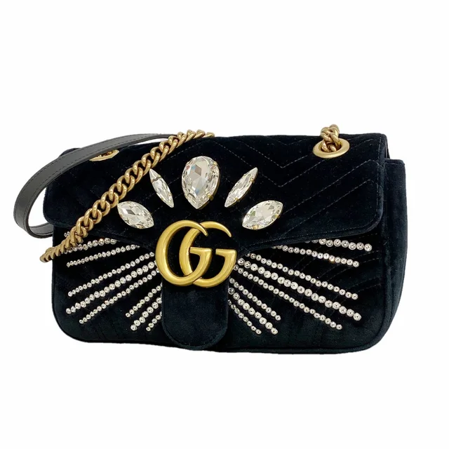 Gucci Shoulder Bag GG Marmont Velour Black Gold in Black from The Reluxe