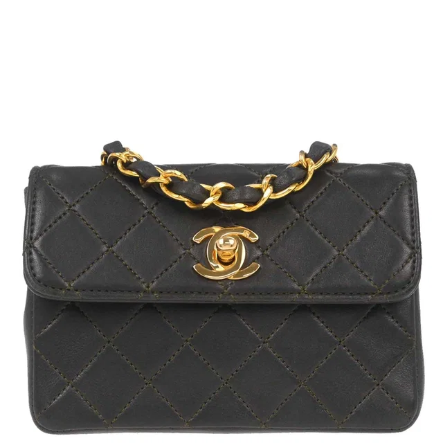 Chanel 1989-1991 Khaki Lambskin Straight Flap Shoulder Bag in Green Lambskin from AMORE Vintage Tokyo