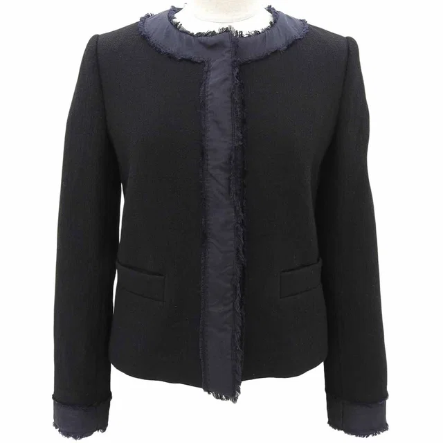 Prada Wool Bi-Color Fringe Collarless Jacket #38 Black/Navy in Black Wool from VINTAGE QOO TOKYO