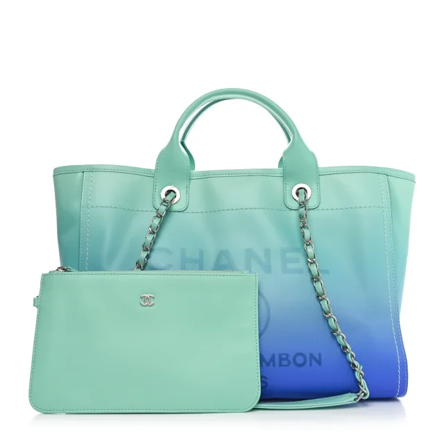 Chanel Shaded Calfskin Small Deauville Tote Light Green Turquoise Purple in Blue Calfskin from FASHIONPHILE, photo 3 of 11
