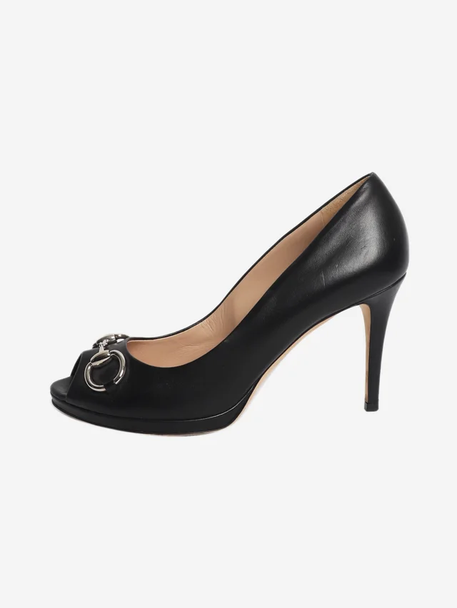 Gucci Black Horsebit peep-toe heels - size EU 38.5 in Black Leather from Sign of the Times