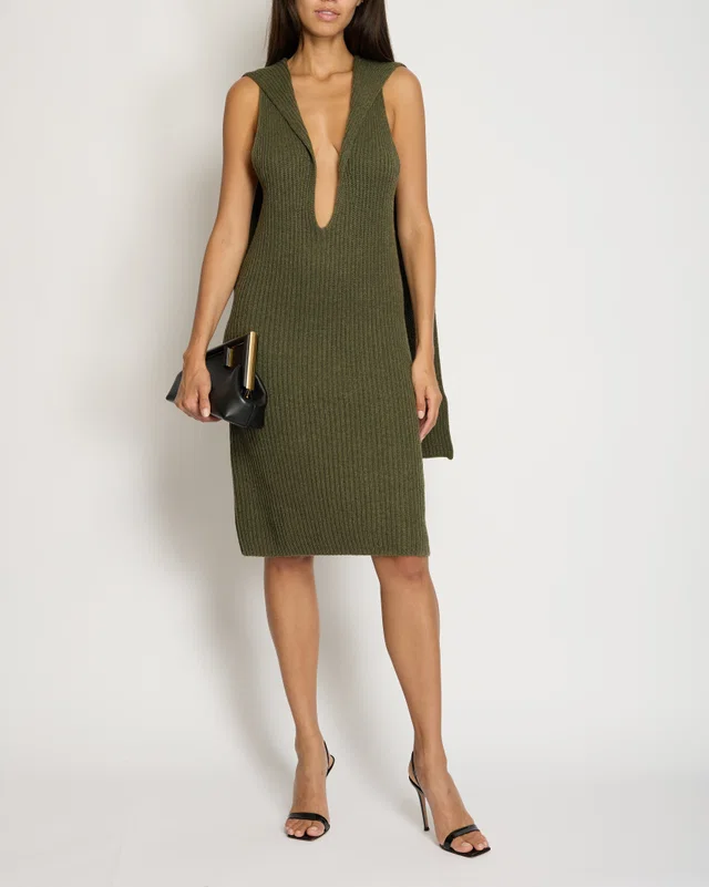 Chanel 08/C Khaki Knitted Maxi Dress with Logo Neck Tie Detail FR 38 (UK 10) in Green Cashmere from Sellier