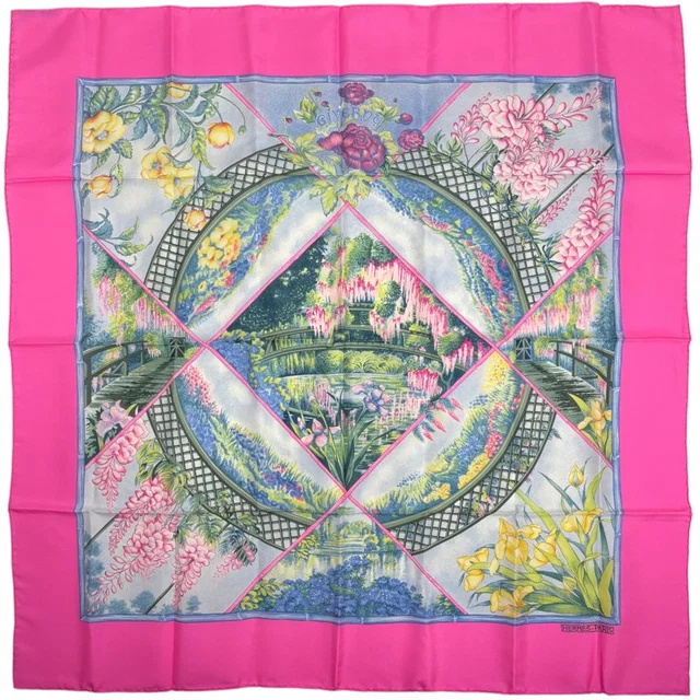 Hermès Carre 90 Giverny Scarf Garden Flower Silk Pink Multicolor in Pink Silk from The Reluxe