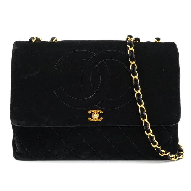 Chanel Vintage Matelasse 34 Chain Shoulder Bag Black Velor Gold Hardware in Black from Luxury Promise