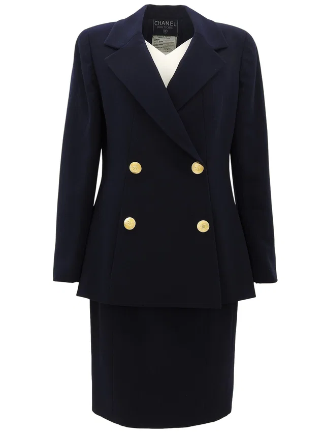 Chanel Wool CC Mark Button Setup Navy in Navy Wool from VINTAGE QOO TOKYO