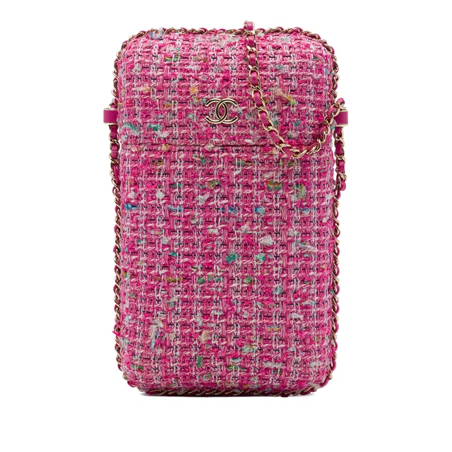 Pink Chanel Tweed Chain Around Phone Holder Crossbody Bag in Pink Tweed from Designer Revival