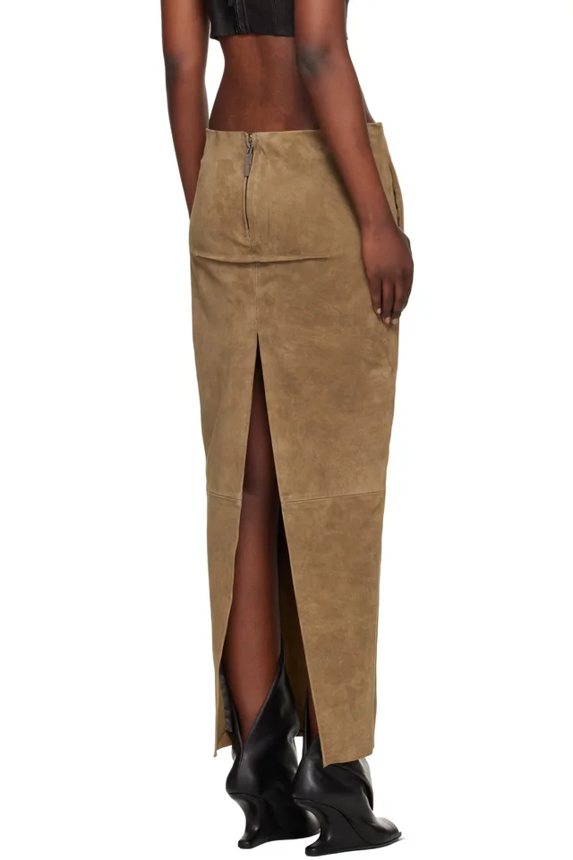 Rick Owens Tan Temple Sliced Suede Midi Skirt, photo 3 of 4 from SSENSE