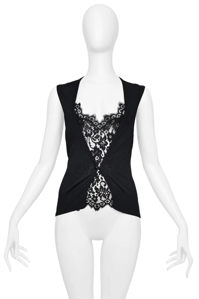 Dolce & Gabbana Black Sweater Vest With Attached Lace Inset in Black Nylon from Resurrection Vintage