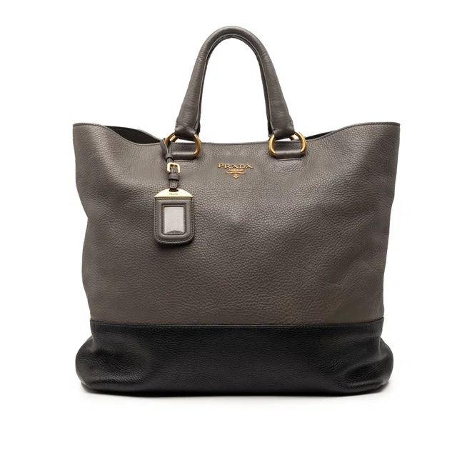 Brown Prada Bicolor Vitello Daino Open Convertible Tote Satchel in Brown Leather from Designer Revival