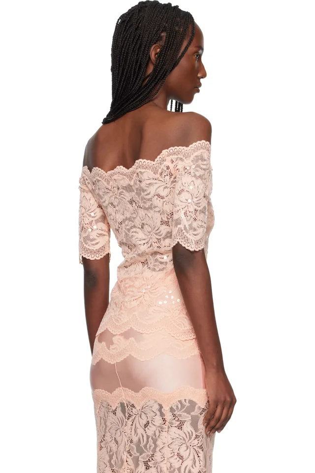 Rabanne Pink Off The Shoulder Lace Top, photo 3 of 4 from SSENSE